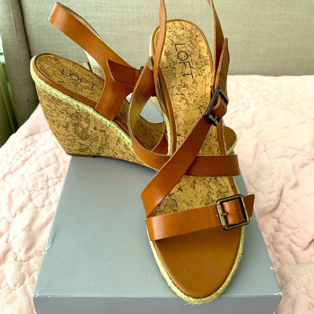 LOFT cork wedges with tan straps. Size 10. Barely worn.